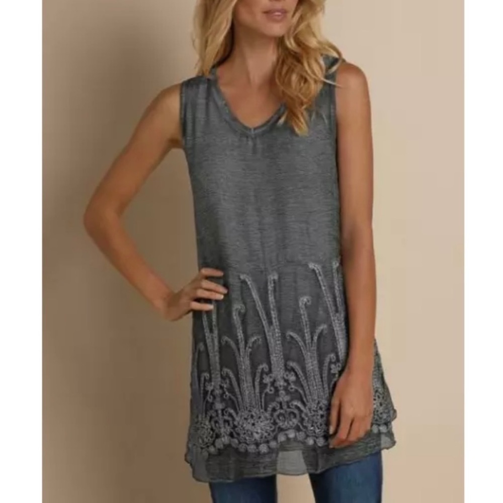 Soft Surroundings Silk Romance Sequin Embroidered Charcoal Grey Tank